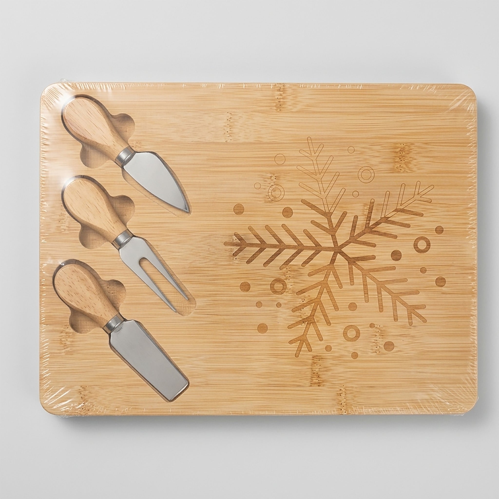 JS Gourmet - Planche à Fromage en Bambou avec 3 Outils, Motif de Flocon de Neige - emballage - Simple Boutique