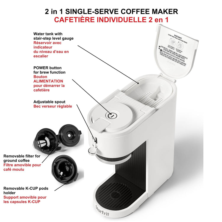 Cafetière 2-en-1 compatible K-Cup et café moulu, 1050W, blanche - Simple Boutique