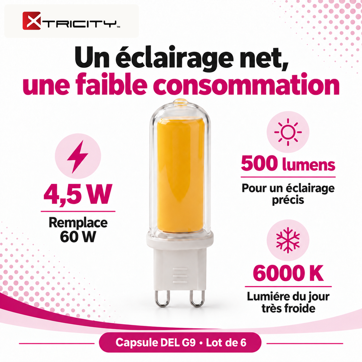 Capsule DEL G9 : 4,5 W remplace 60 W, 500 lumens, lumière du jour très froide 6000 K. Lot de 6.