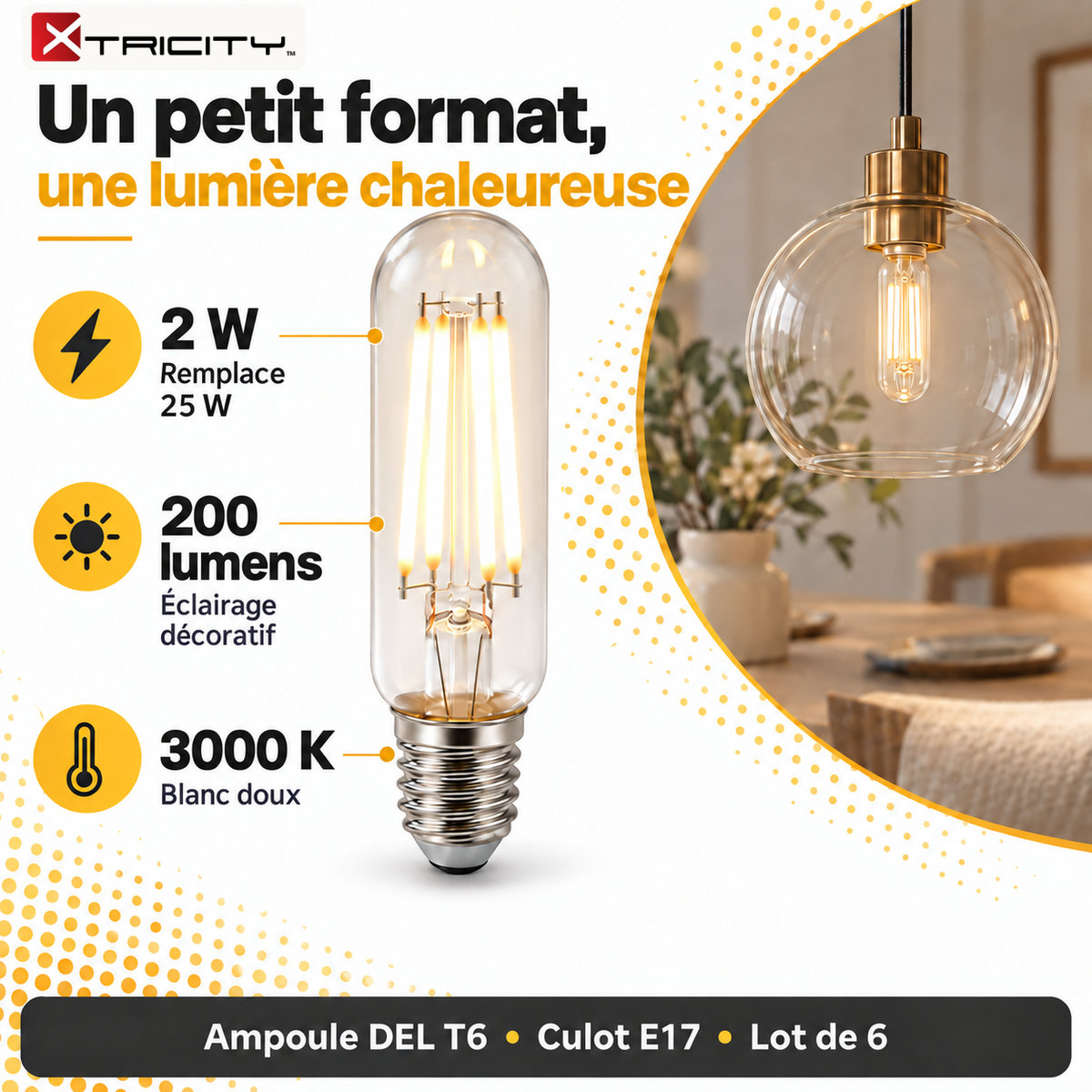 Ampoule DEL T6 E17 : 2 W remplace 25 W, 200 lumens, blanc doux 3000 K. Lot de 6.