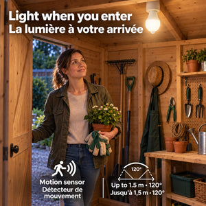 Motion sensor bulb in a garden shed / Ampoule à détecteur de mouvement dans un cabanon