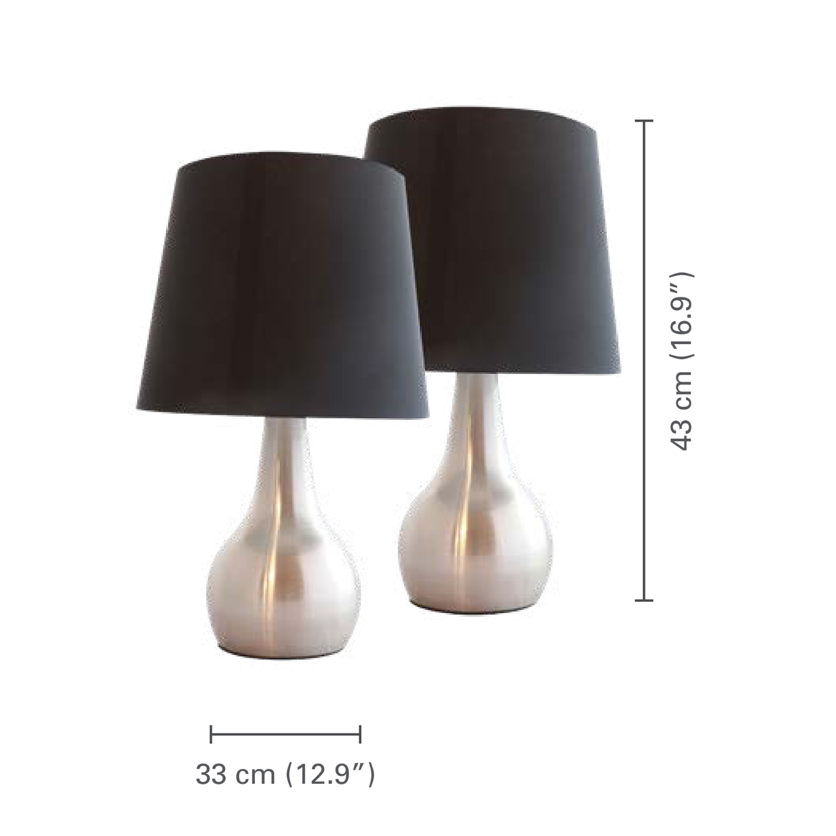 Xtricity - Ensemble de 2 Lampes de Tables Tactiles à 3 Intensités, 9'' x 14.5'', De la Collection Delano, Noir et Argent - dimensions - Simple Boutique
