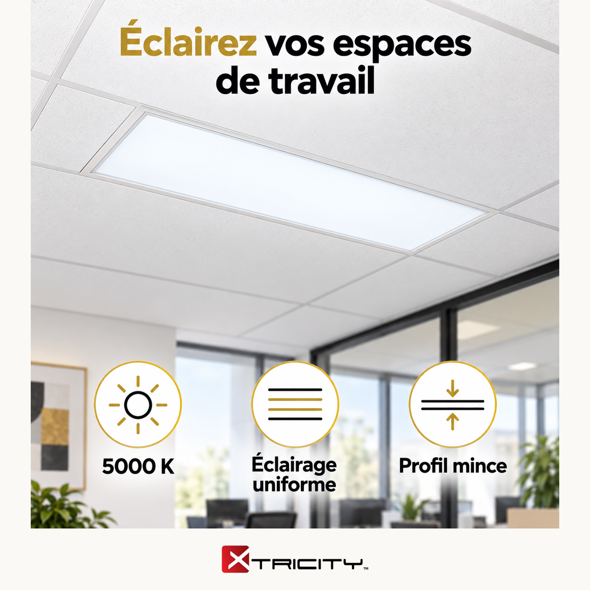 Dalle DEL 1' x 4' - 40W / 4400lm / 5000K / Intensité variable — Avantages — logo original Xtricity