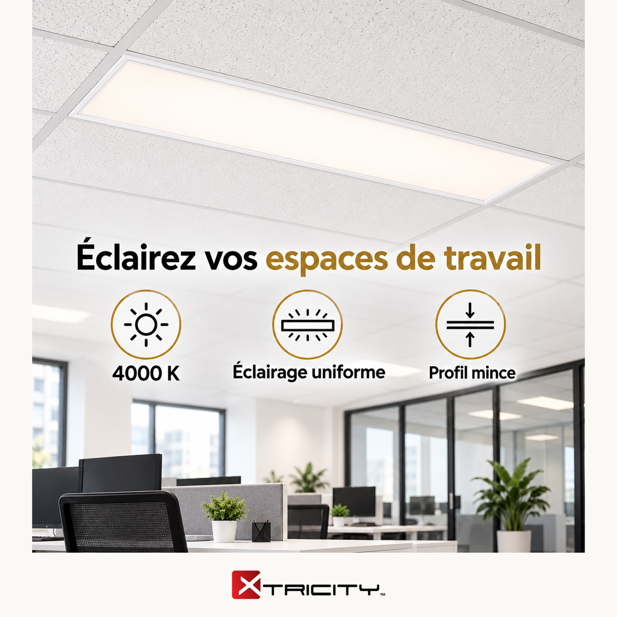 Panneau plat DEL ultra-mince 1 pi x 4 pi - 40 W / 4000 lm / 4000 K / Gradable — Avantages — logo original Xtricity