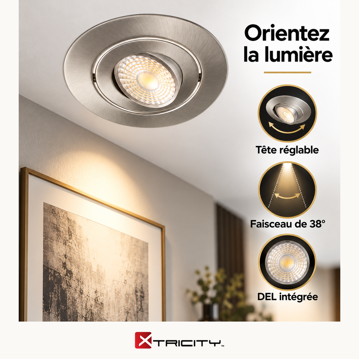 Encastré DEL sur cardan 3,5 po - 7 W / 600 lm / 3 températures de couleur au choix, nickel brossé — Avantages — logo original Xtricity