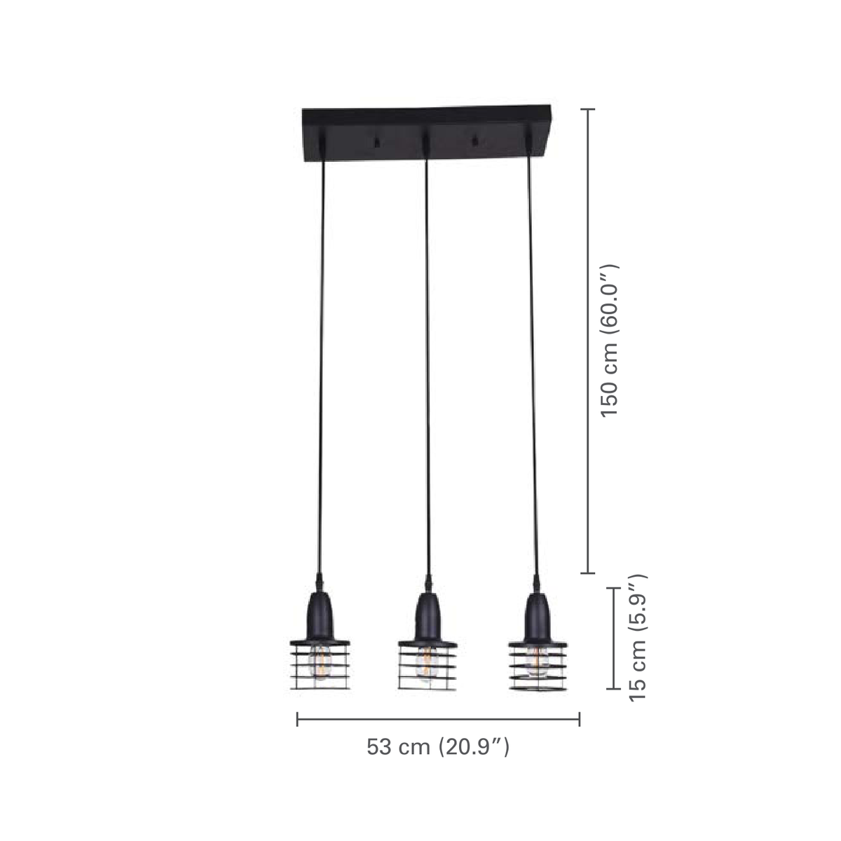 Xtricity - Luminaire Suspendu à 3 Lumières, Largeur de 20.86'', De la Collection Norway, Noir - dimensions - Simple Boutique
