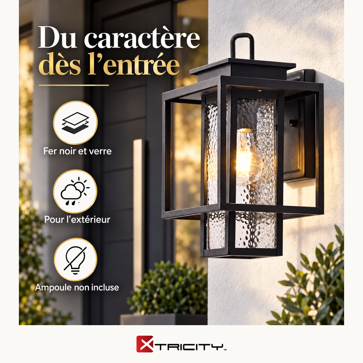 Applique murale d'extérieur « Churchill » - Fer noir et verre — Avantages — logo original Xtricity