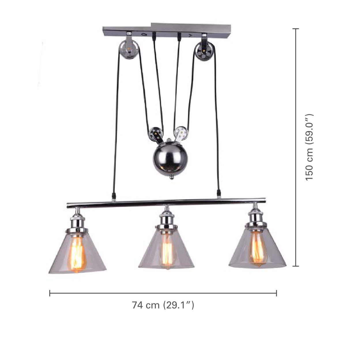 Xtricity - Luminaire Suspendu à 3 Lumières, Largeur de 29.1'', De la Collection Dakota, Chrome - dimensions - Simple Boutique