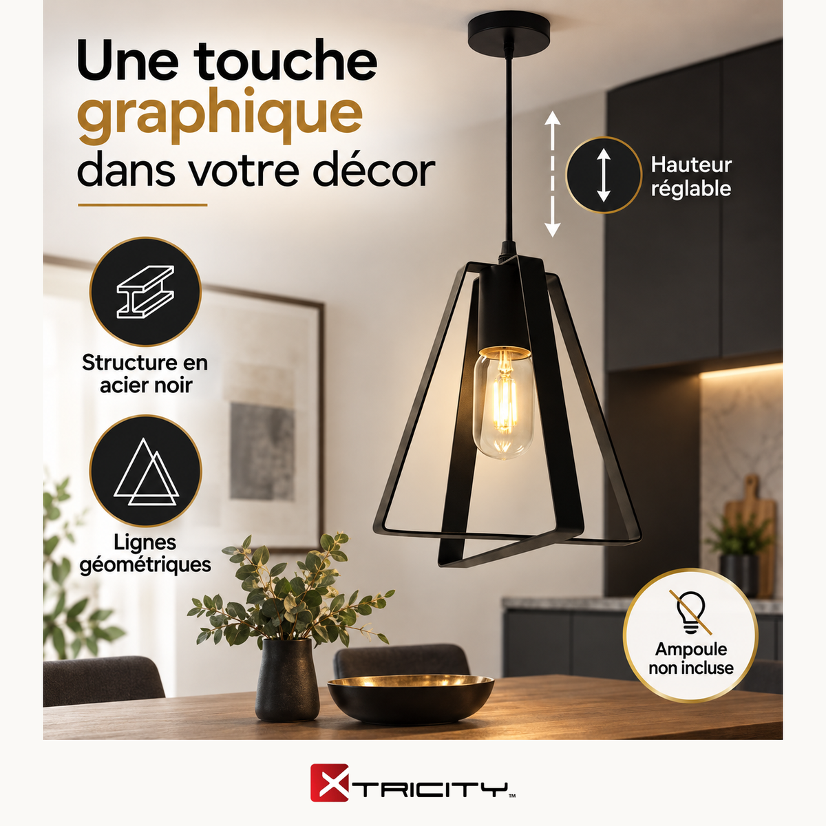 Suspension 1 lumière « Fox » - Acier noir — Avantages — logo original Xtricity