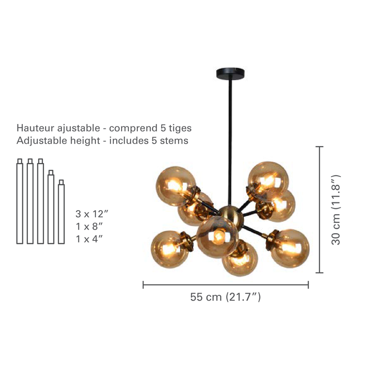 Xtricity - Luminaire Suspendu à 8 Lumières, Largeur de 21.7'', De la Collection Henderson, Noir et Ambre - dimensions - Simple Boutique