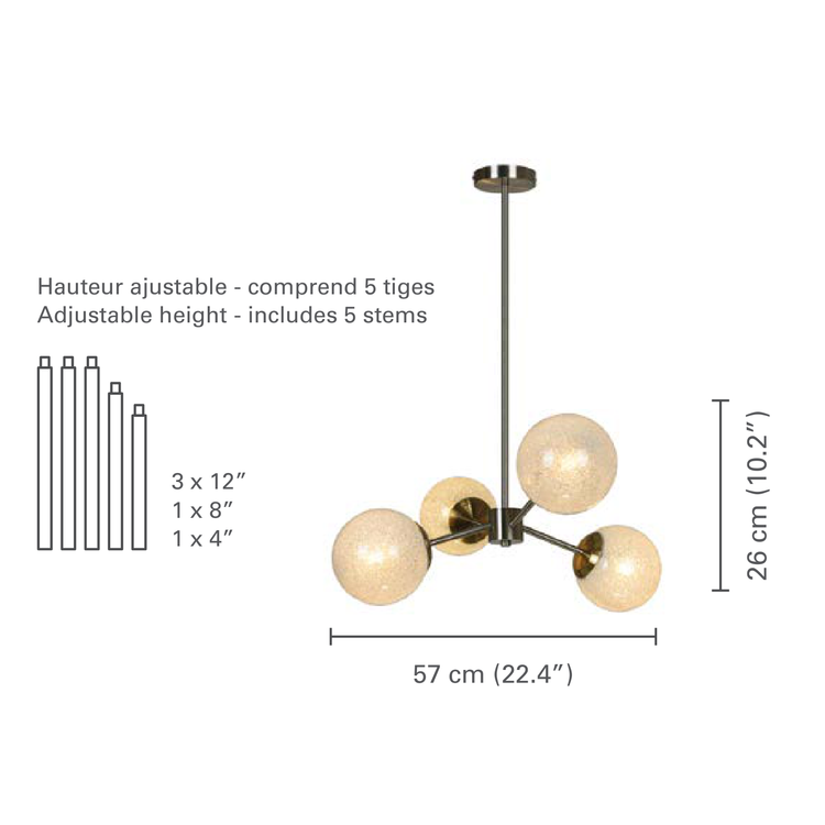 Xtricity - Luminaire Suspendu à 4 Lumières, Largeur de 22.4'', De la Collection Bohannon, Argenté - dimensions - Simple Boutique