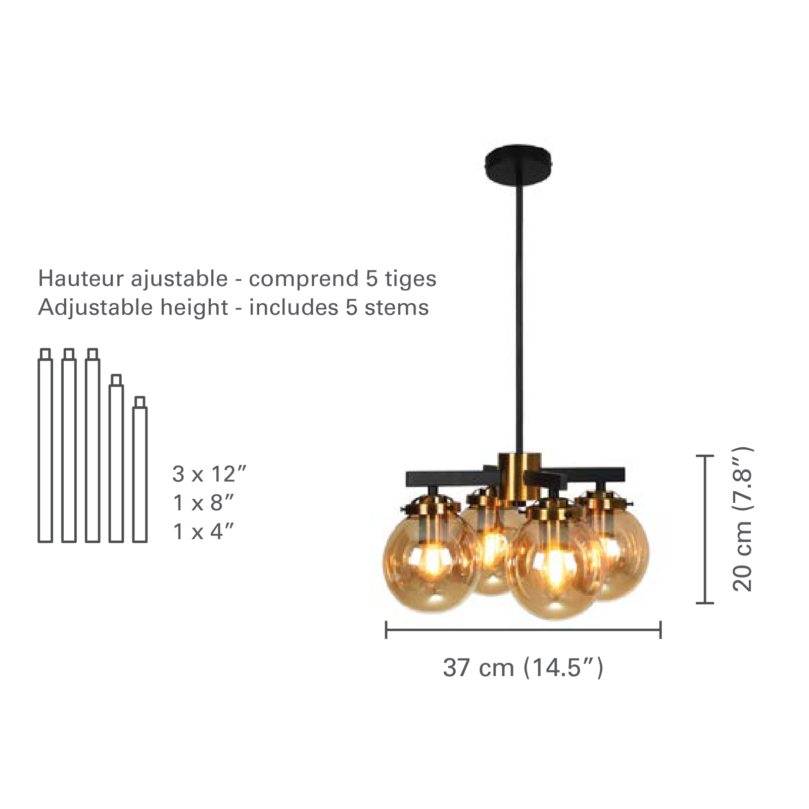 Xtricity - Luminaire Suspendu à 4 Lumières, Largeur de 14.5'', De la Collection Henderson, Noir et Doré - dimensions - Simple Boutique