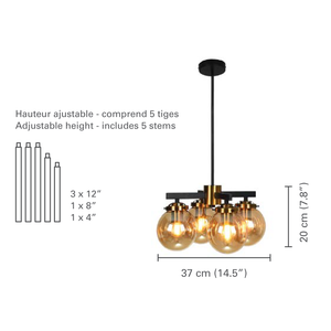 Xtricity - Luminaire Suspendu à 4 Lumières, Largeur de 14.5'', De la Collection Henderson, Noir et Doré - dimensions - Simple Boutique