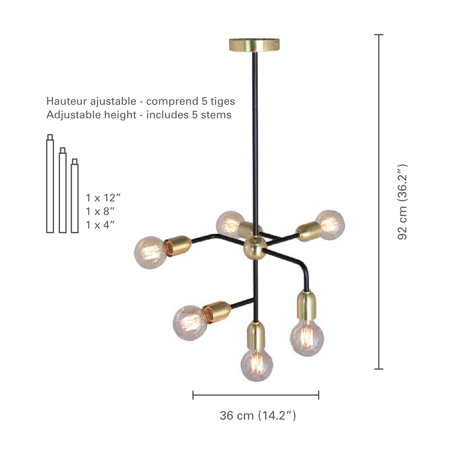 Xtricity  - Luminaire Suspendu à 6 Lumières, Largeur de 14.2'', De la Collection Skylight, Doré - dimensions - Simple Boutique