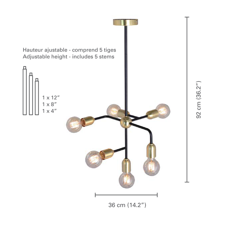 Xtricity  - Luminaire Suspendu à 6 Lumières, Largeur de 14.2'', De la Collection Skylight, Doré - dimensions - Simple Boutique