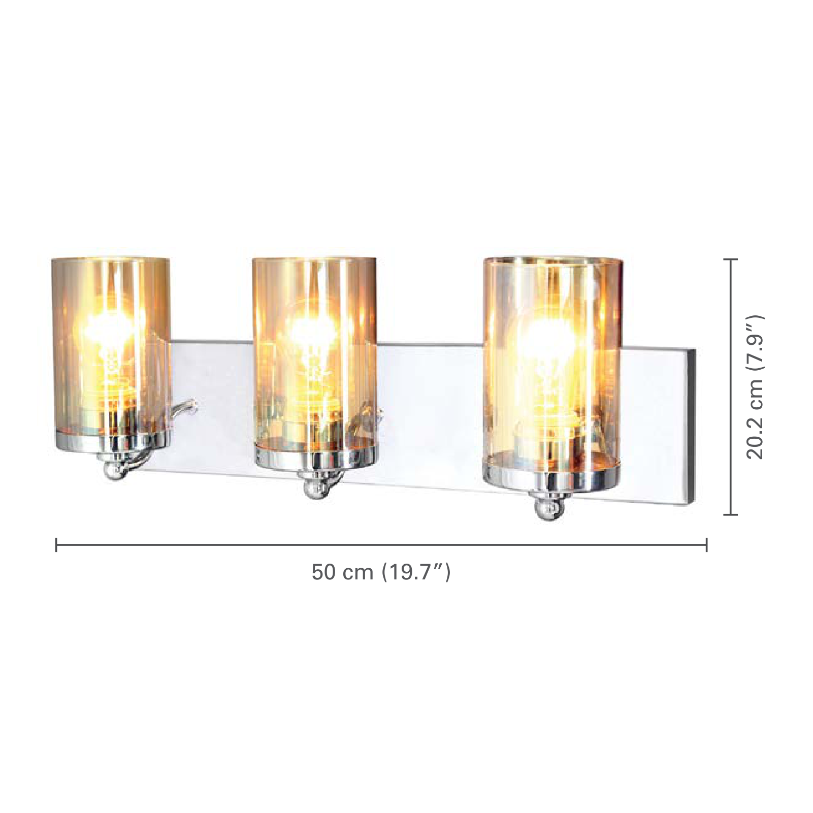 Xtricity - Luminaire de Vanité à 3 Têtes, Largeur de 19.7'', De la Collection Dawson, Fini Chromé - dimensions - Simple Boutique