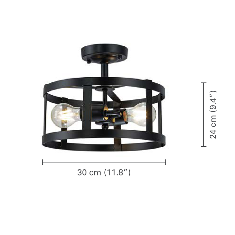 Xtricity - Plafonnier Décoratif à 2 Ampoules, Largeur de 11.8", De la Collection Preston, Noir - dimensions - Simple Boutique