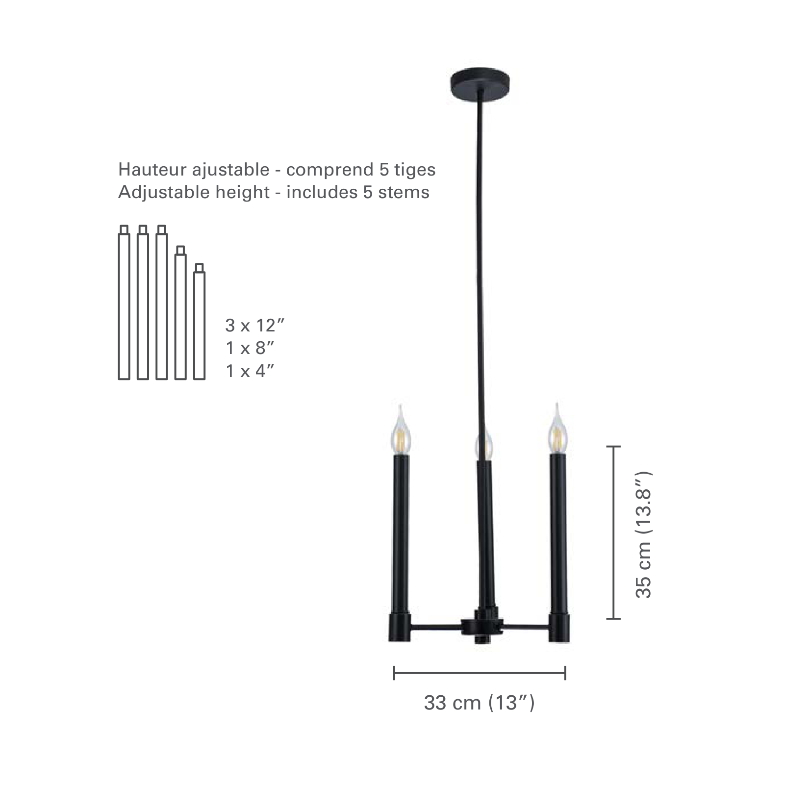 Xtricity - Luminaire Suspendu à 3 Lumières, Largeur de 13'',  De la Collection Toscana, Noir - dimensions - Simple Boutique