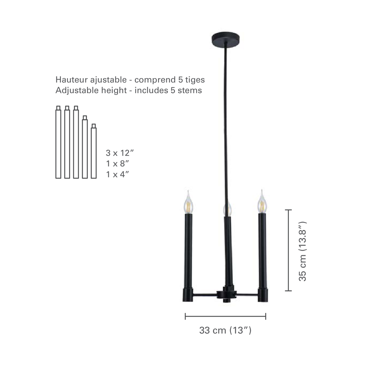 Xtricity - Luminaire Suspendu à 3 Lumières, Largeur de 13'',  De la Collection Toscana, Noir - dimensions - Simple Boutique