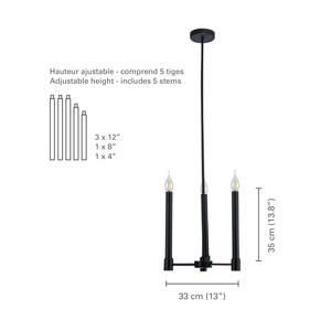 Xtricity - Luminaire Suspendu à 3 Lumières, Largeur de 13'',  De la Collection Toscana, Noir - dimensions - Simple Boutique