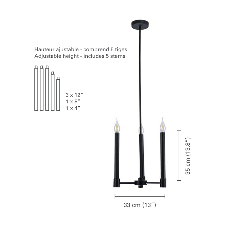 Xtricity - Luminaire Suspendu à 3 Lumières, Largeur de 13'',  De la Collection Toscana, Noir - dimensions - Simple Boutique