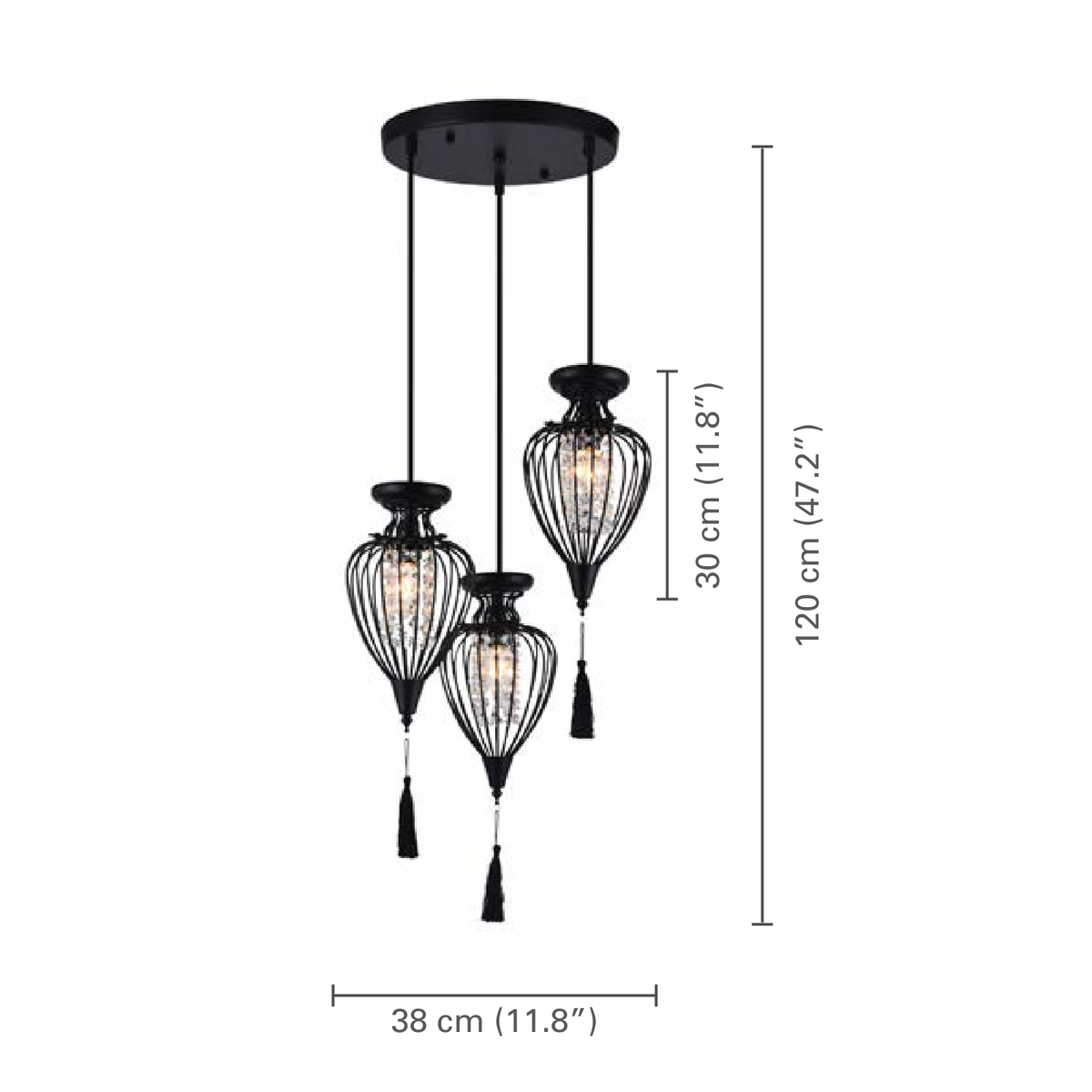 Xtricity - Luminaire Suspendu à 3 Lumières, Largeur de 15'', De la Collection QueensDown, Noir - dimensions - Simple Boutique