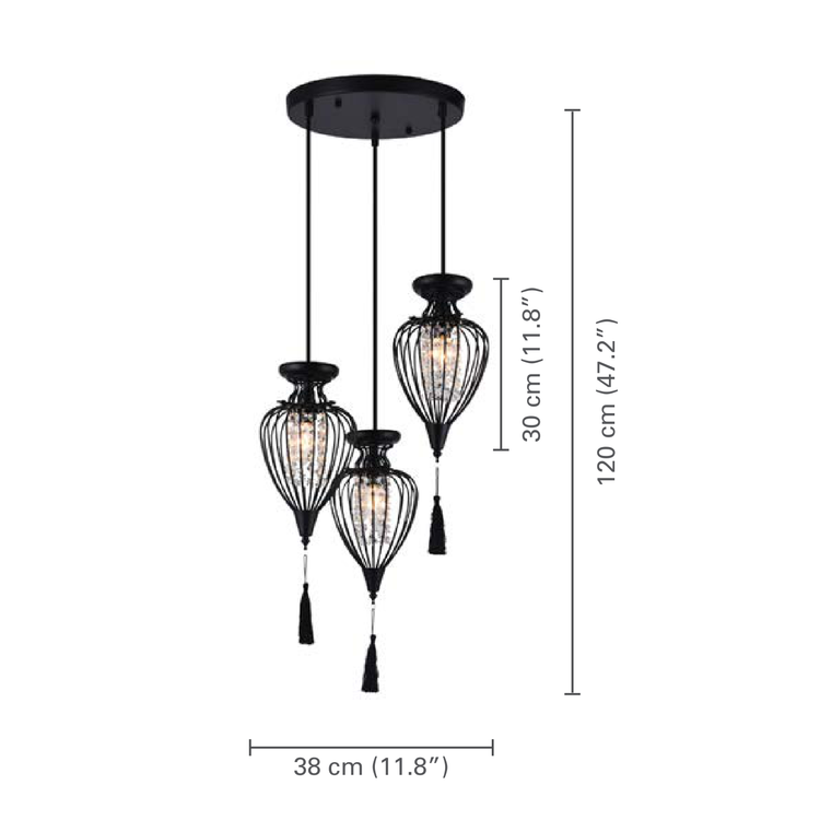 Xtricity - Luminaire Suspendu à 3 Lumières, Largeur de 15'', De la Collection QueensDown, Noir - dimensions - Simple Boutique