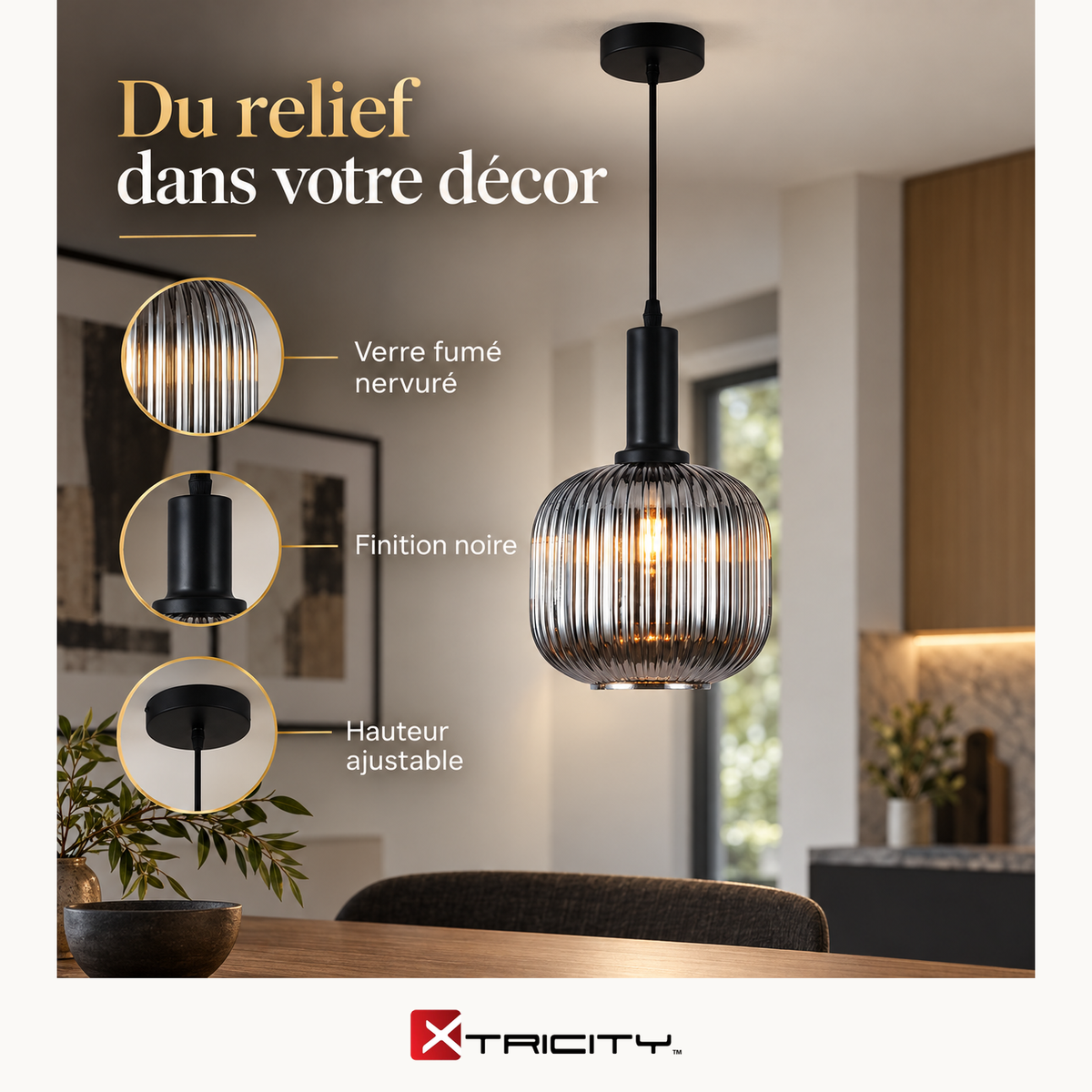 Suspension « Steinway » 1 lumière - Noir fumé, acier et verre, 20 cm — caractéristiques illustrées