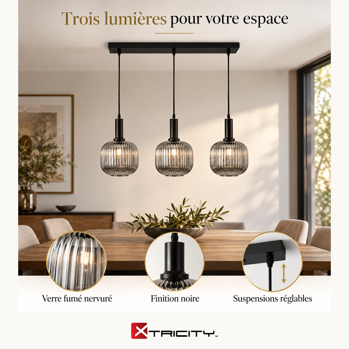 Suspension linéaire à 3 lumières « Steinway » - Noir fumé, Acier et Verre, 70 cm — caractéristiques illustrées
