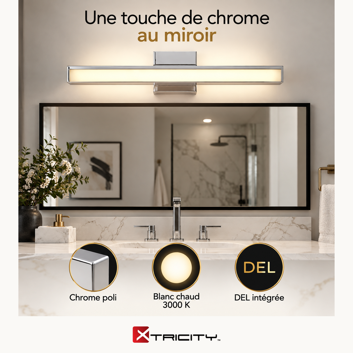 Applique de salle de bain à DEL Langford 24 po, chrome — Avantages — logo original Xtricity