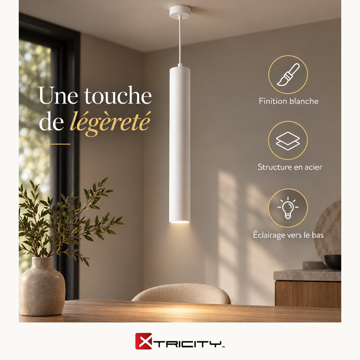 Suspension 1 lumière blanche "Genesis" — caractéristiques illustrées