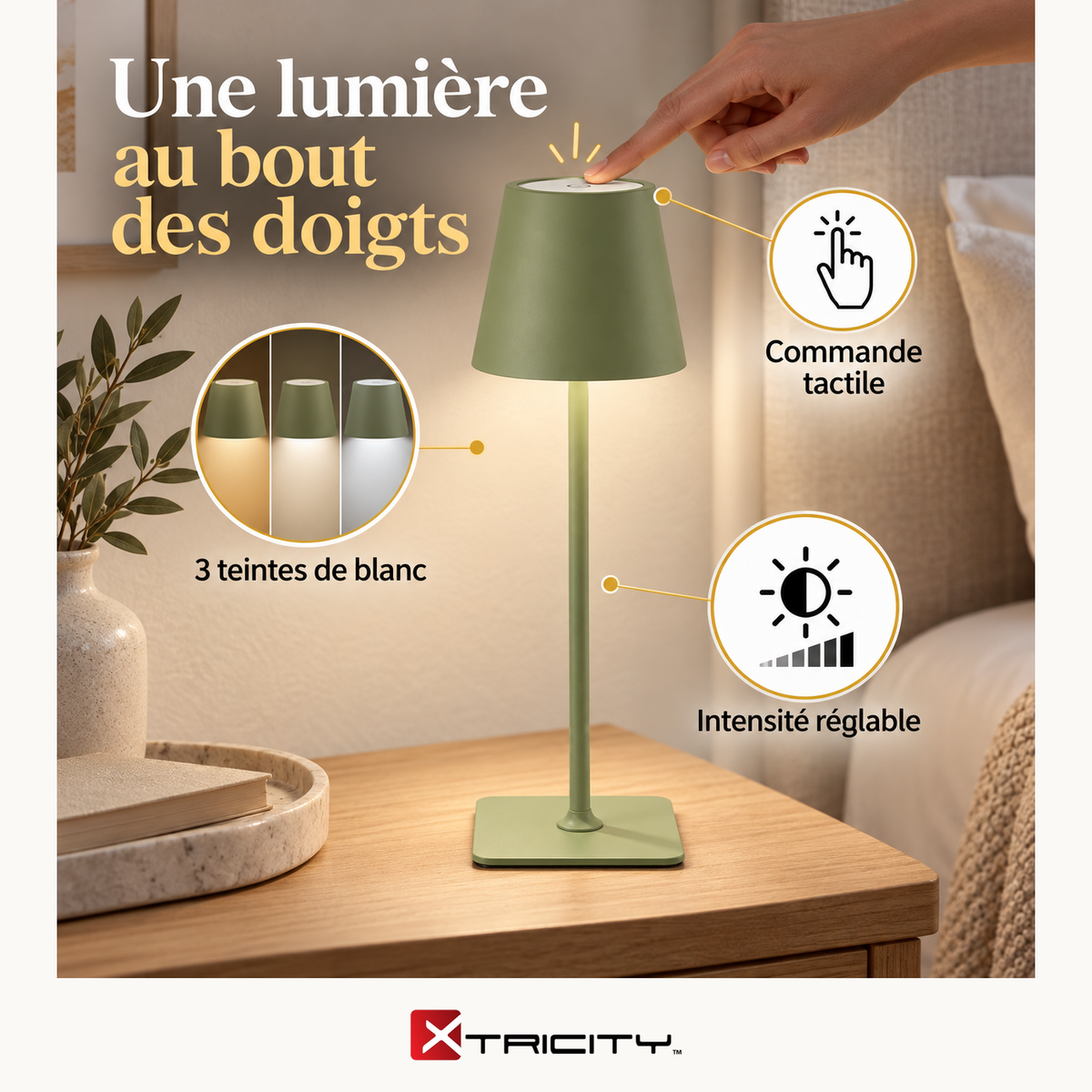 Lampe de table tactile rechargeable USB Lucie Modern, Sauge — Avantages — logo original Xtricity