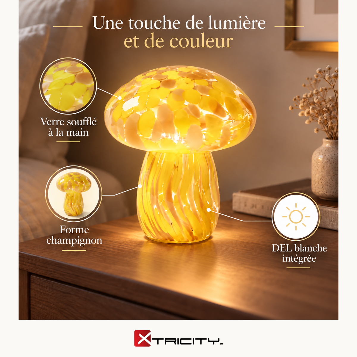 Lampe de table champignon jaune en verre — Avantages — logo original Xtricity