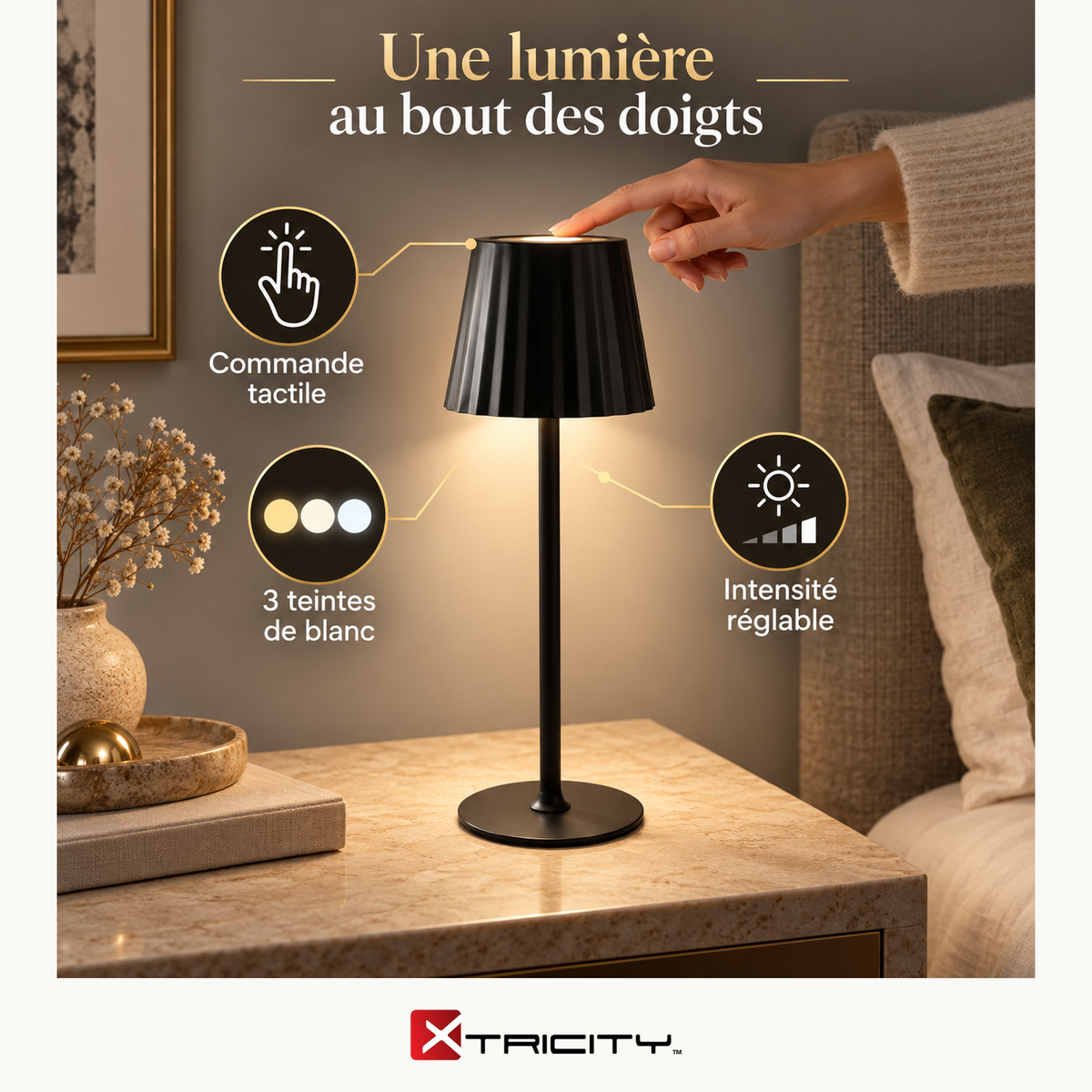 Lampe de table tactile portable à DEL MIGUEL - Noire — Avantages — logo original Xtricity