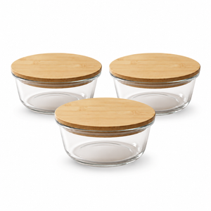 JS Gourmet Récipient alimentaire rond en verre borosilicaté de 620 ml avec couvercle en bambou - Lot de 3 - Simple Boutique
