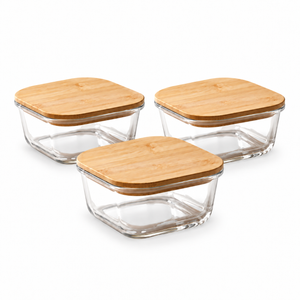 JS Gourmet Boîte alimentaire carrée en verre borosilicate de 520 ml avec couvercle en bambou — Lot de 3 - Simple Boutique