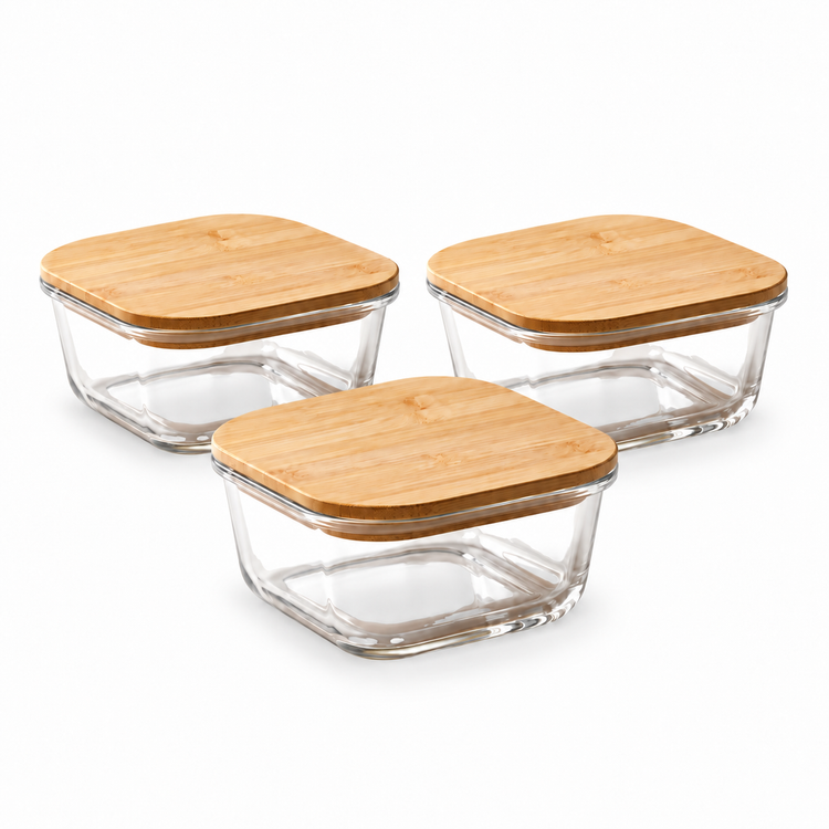 JS Gourmet Boîte alimentaire carrée en verre borosilicate de 520 ml avec couvercle en bambou — Lot de 3 - Simple Boutique