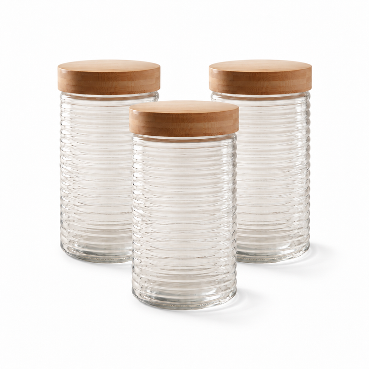 JS Gourmet Bocale en verre embossé de 0,9 L avec couvercle bambou à torsion — Lot de 3 - Simple Boutique