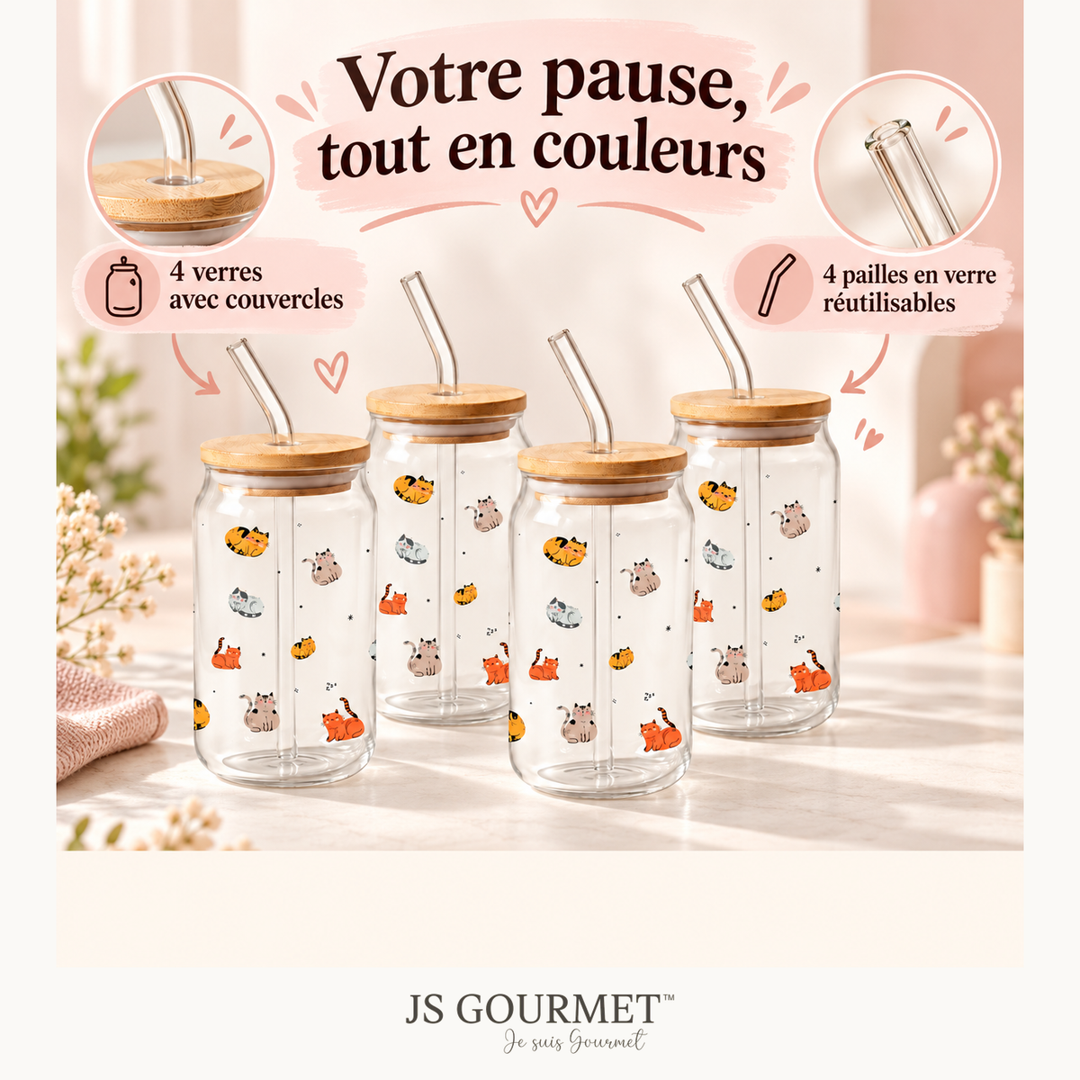 Gobelets en verre avec couvercle en bambou et paille en verre, 350 ml - Chats - Lot de 4 — Avantages — logo original JS-Gourmet