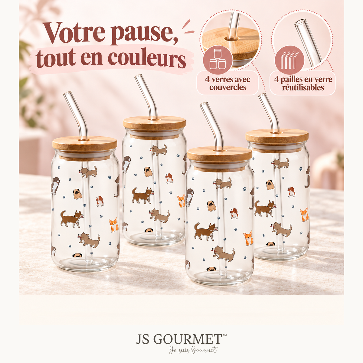 Gobelets en verre avec couvercle en bambou et paille en verre, 350 ml - Chiens - Lot de 4 — Avantages — logo original JS-Gourmet