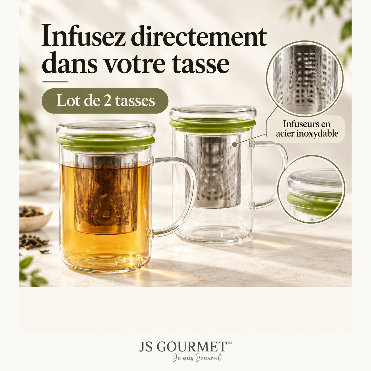 Tasse à thé en verre à double paroi avec infuseur en acier inoxydable et couvercle en verre, 350 ml - silicone vert - Lot de 2 — Avantages — logo original JS-Gourmet