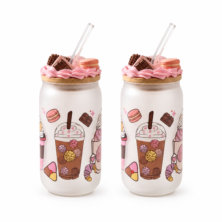 JS Gourmet Gobelet givré en verre borosilicaté avec décalques colorés roses et couvercle en bambou - Lot de 2 - Simple Boutique