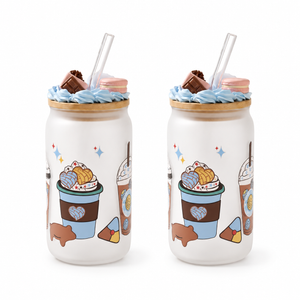 JS Gourmet Gobelet givré en verre borosilicaté avec décalques colorés bleus et couvercle en bambou - Lot de 2 - Simple Boutique