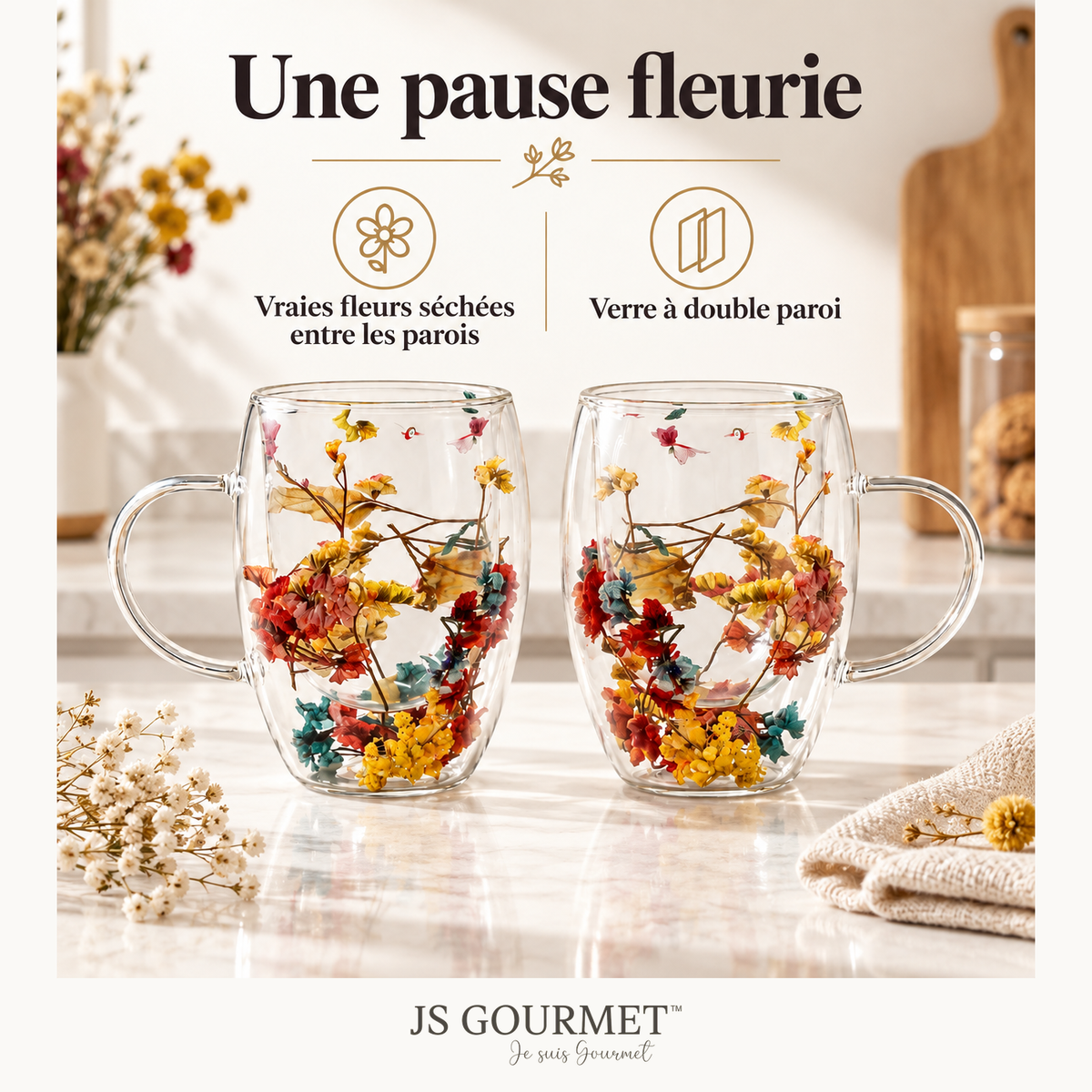 Tasses en verre borosilicate à double paroi avec fleurs séchées flottantes, 350 ml - Lot de 2 — Avantages — logo original JS-Gourmet
