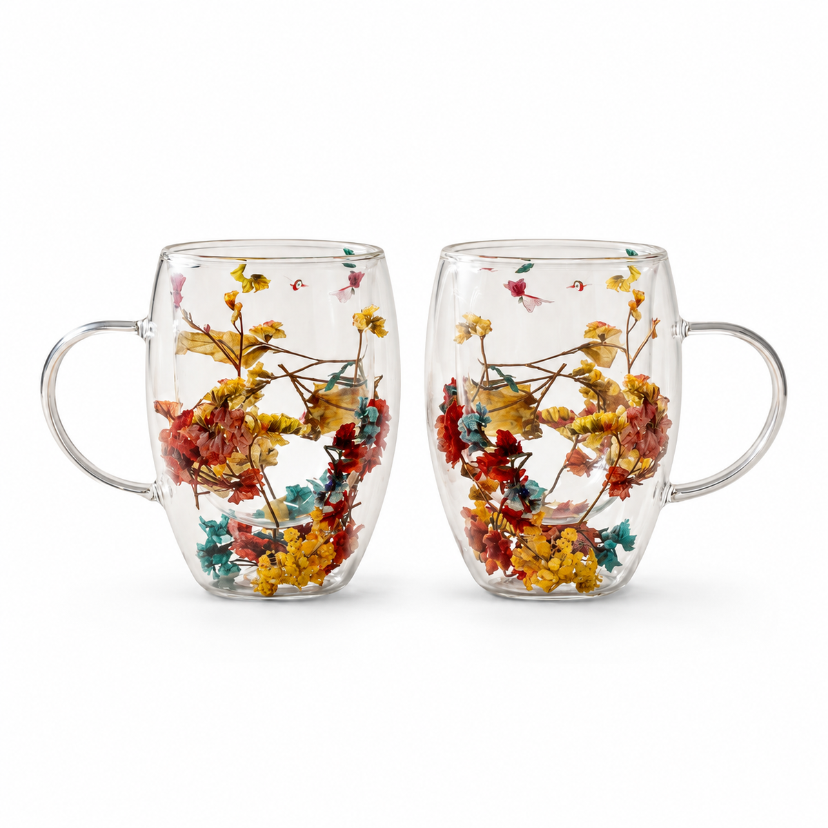 Tasses en verre borosilicate à double paroi avec fleurs séchées flottantes, 350 ml (ensemble de 2)