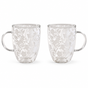 Tasses en verre borosilicate à double paroi avec motif floral blanc superposé, 350 ml (lot de 2)