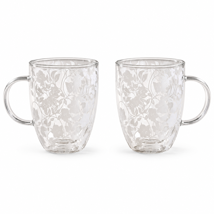 Tasses en verre borosilicate à double paroi avec motif floral blanc superposé, 350 ml (lot de 2)