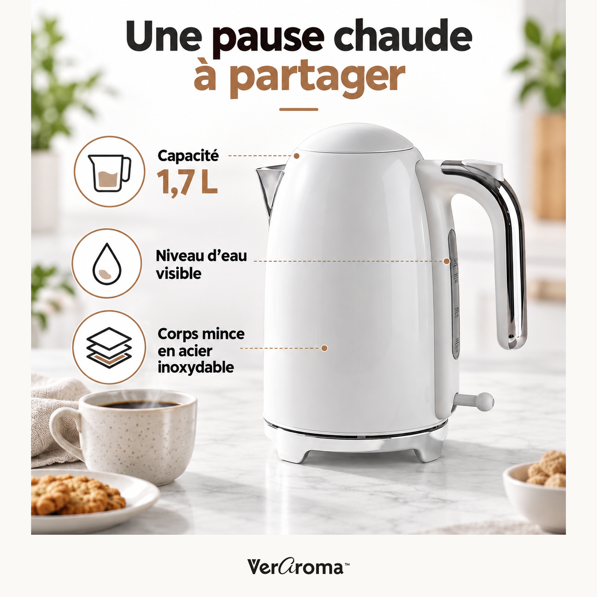 Bouilloire électrique mince en acier inoxydable - 1,7 L, blanche — capacite — logo original VerAroma
