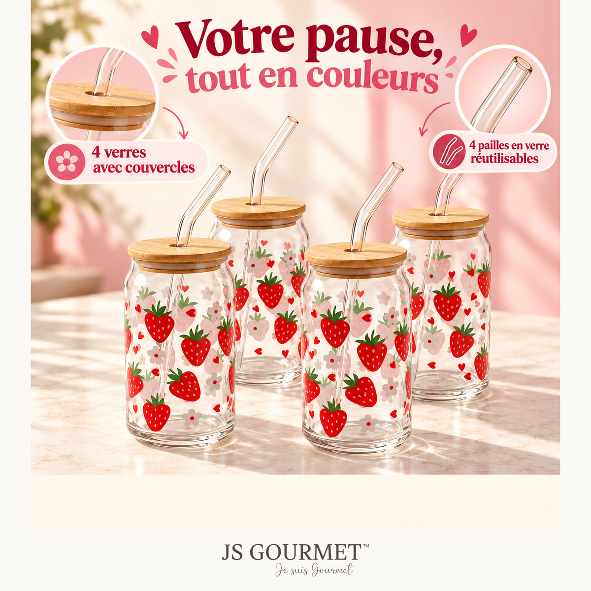 Gobelets en verre avec couvercle en bambou et paille en verre, 350 ml - Fraise - Lot de 4 — Avantages — logo original JS-Gourmet
