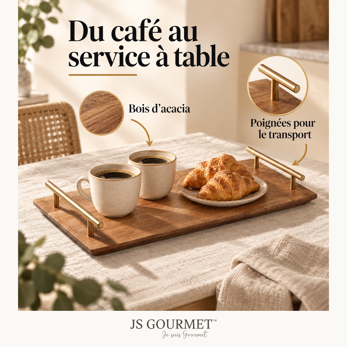 Plateau en bois d'acacia avec poignée — Avantages — logo original JS-Gourmet